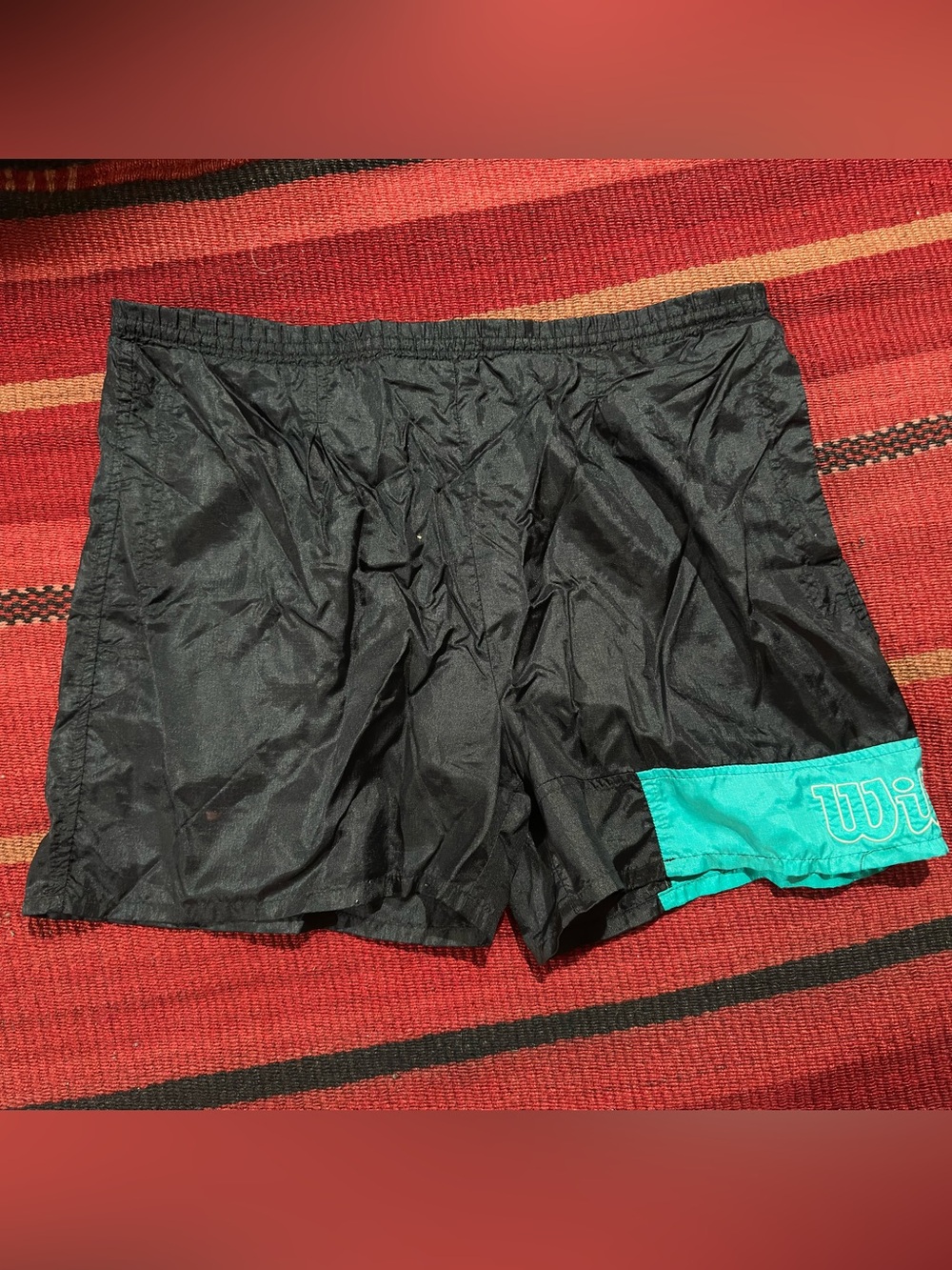 Vintage Wilson Black Athletic Tennis Shorts Teal Wilson Logo Band Mens Medium